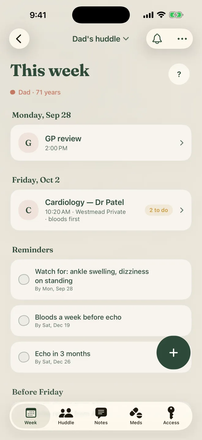 The This week screen in Dad's huddle: a GP review on Monday, cardiology on Friday with two things to do first, and reminders underneath.