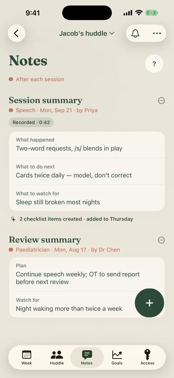 The Notes screen: a speech session summary split into what happened, what to do next and what to watch for, with two checklist items created from it.