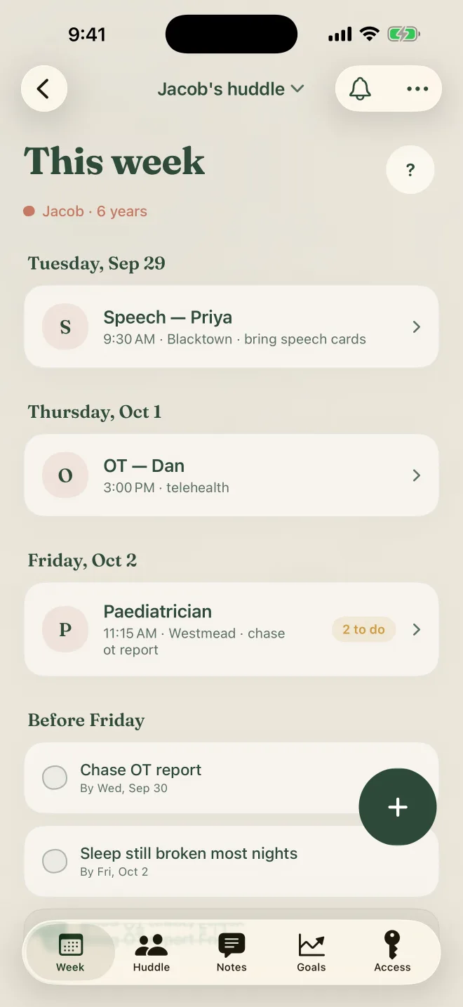 The This week screen in Venlly for Jacob, 6: speech with Priya on Tuesday, OT with Dan on Thursday, the paediatrician on Friday with two things to do first.